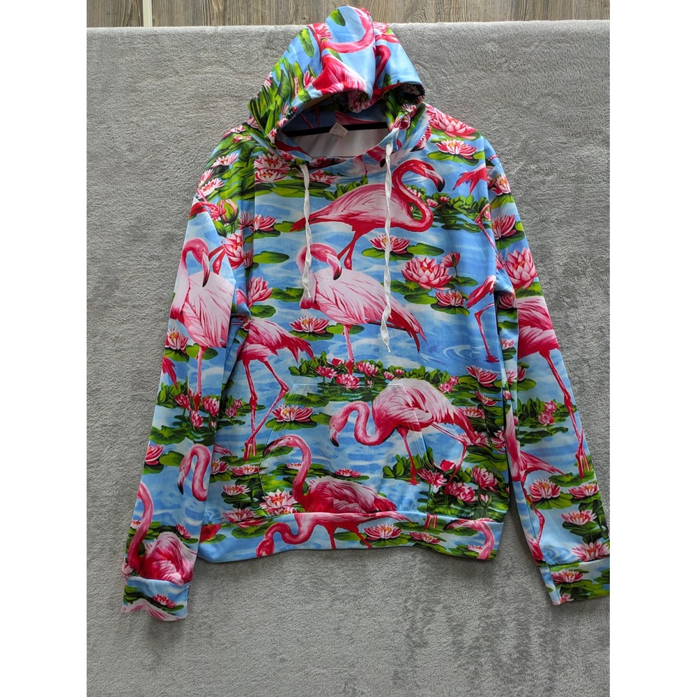 Tropical Flamingo Print Hoodie Sweatshirt Mens XL Blue Pink All Over Print